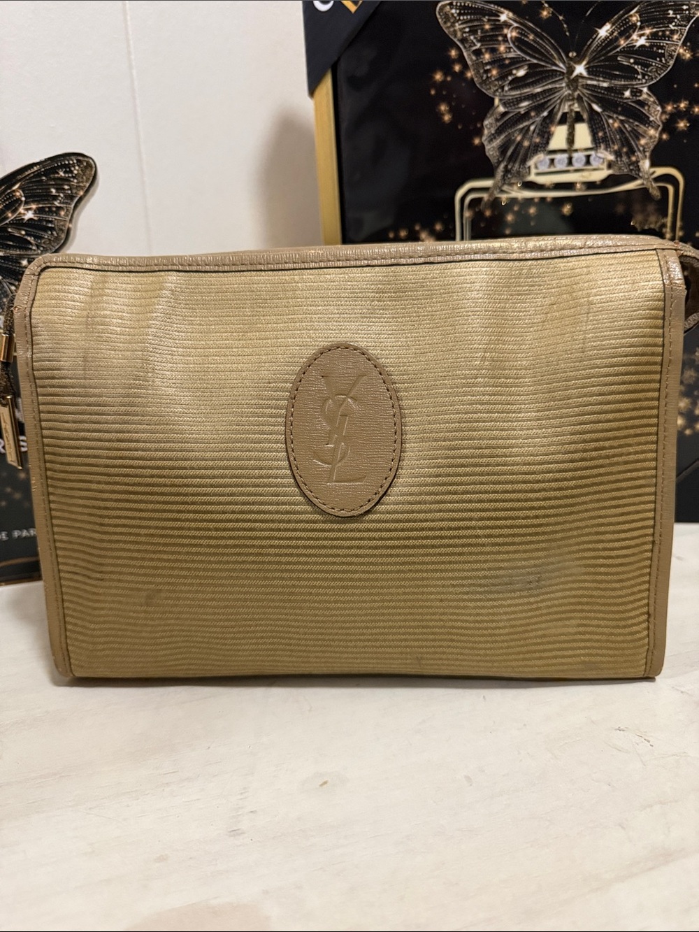 Yves Saint Laurent Gold Textured Toiletry Bag with YSL Oval Medallion